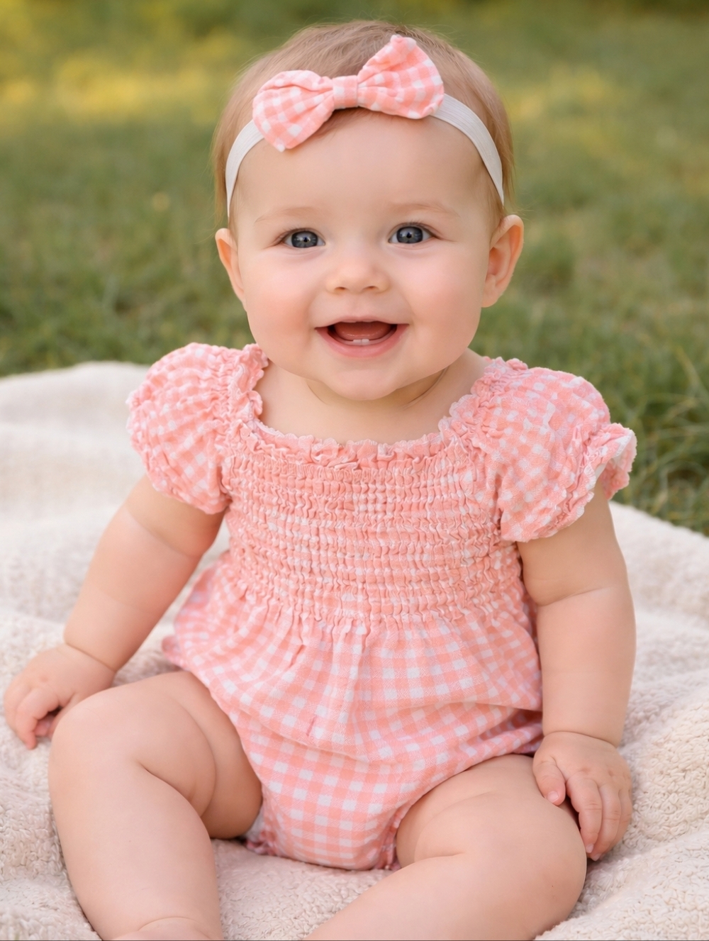 Baby Girl Peach Gingham Smocked Romper Set w/ Bow Headband | Toddler 1 2 Years